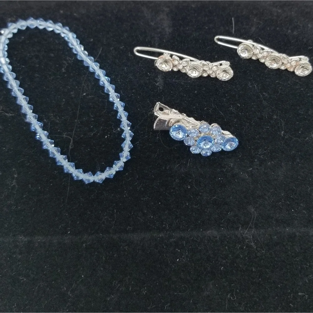 Set/3 Hair Baretts‎ & Bracelet Blue Clear Stone